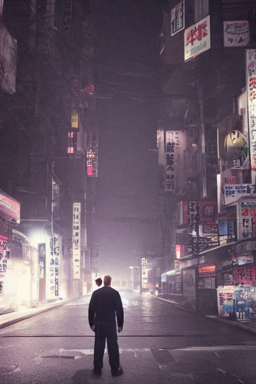 Image similar to a man standing in the middle of a tokyo street at night, a photorealistic painting by Gregory Crewdson, cgsociety, american scene painting, playstation 5 screenshot, matte painting, cryengine