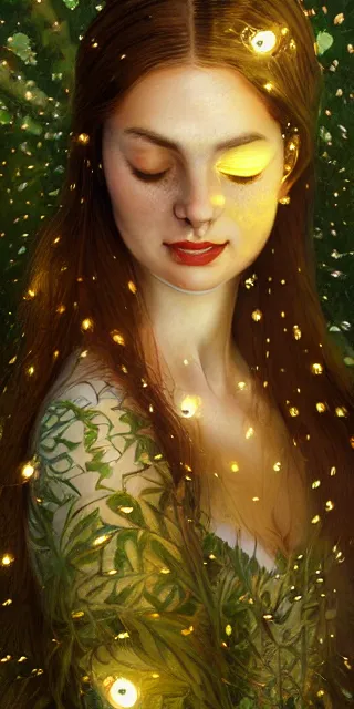 Image similar to young woman, serene smile, surrounded by golden firefly lights amidst nature, full covering intricate detailed dress, long red hair, precise linework, accurate green eyes, small nose with freckles, beautiful smooth oval shape face, empathic, expressive emotions, dramatic lights spiritual scene, hyper realistic ultrafine art by artemisia gentileschi, jessica rossier, boris vallejo