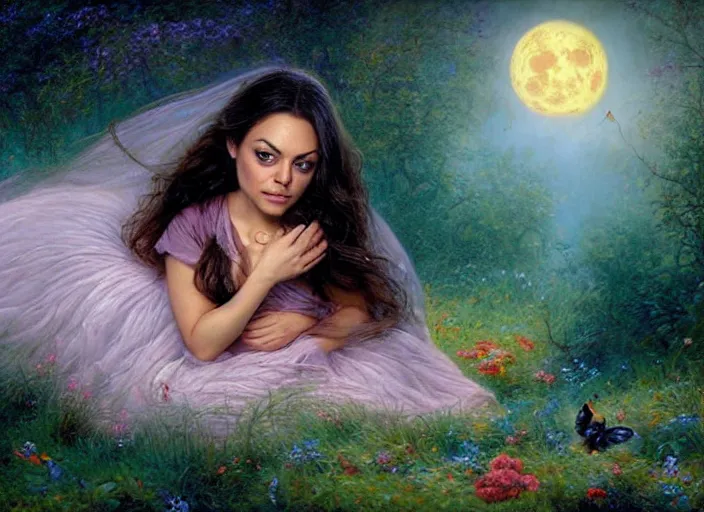 Image similar to Mila Kunis staring into the camera singing a lullaby, fireflies, full moon, Lilia Alvarado, Sophie Anderson, Mark Arian, Bob Byerley, Charlie Bowater, Mark Brooks, Steve Henderson, Justin Gerard, Arthur Hughes, Edward Robert Hughes, Mark Keathley, Victor Nizovtsev, Carlos Shwabe, Ross Tran, WLOP