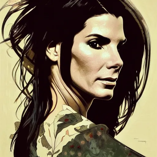 Prompt: portrait of sandra bullock, by lee bermejo, alphonse mucha, jackson pollock, and greg rutkowski