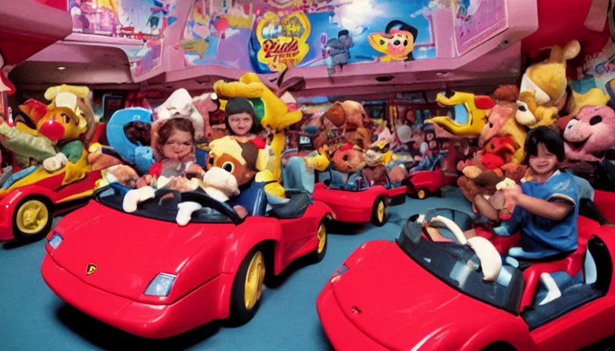 Image similar to 1990s photo of inside the Beanie Baby ride at Universal Studios in Orlando, Florida, children riding in Lamborghini through Beanie Baby Masion, cinematic, UHD