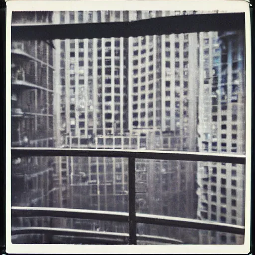 Image similar to A polaroid of a cyberpunk apartment balcony. Signed 1962