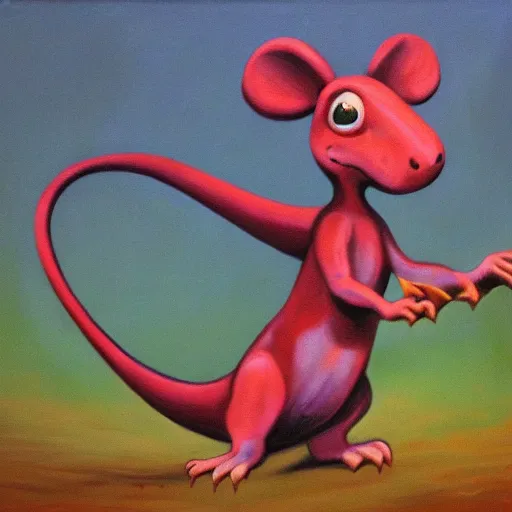 Image similar to dinosaur mouse, scary pose, retro painting