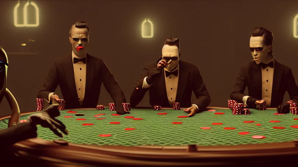 Prompt: hyperrealism simulation highly detailed human turtles'wearing detailed tuxedos and smoking, playing poker in surreal scene from cyberpunk movie from future by wes anderson and denis villeneuve and mike winkelmann rendered in blender and octane render