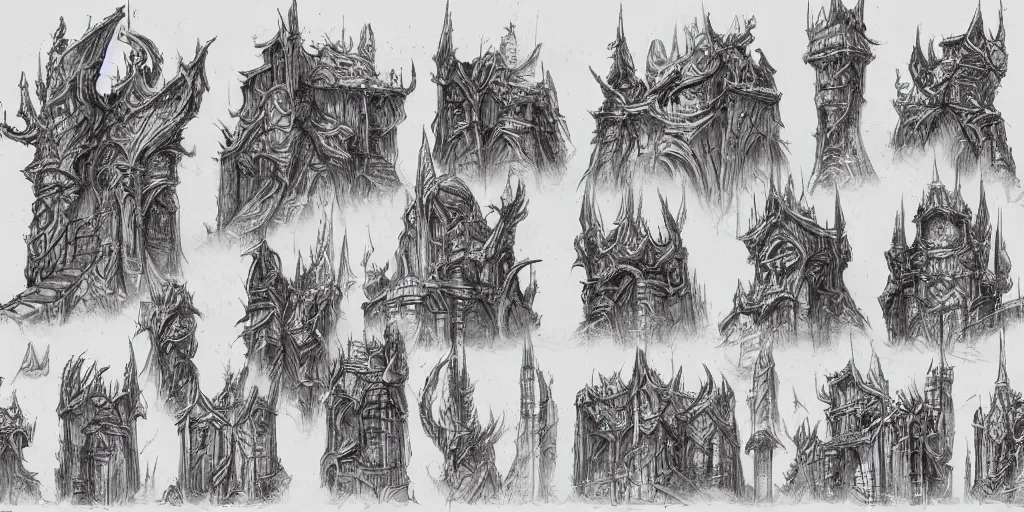 Prompt: a set of fantasy architectural concepts, drawn by luke adam hawker, world of warcraft, dungeons and dragons, concept art, sketches, ink and pen.