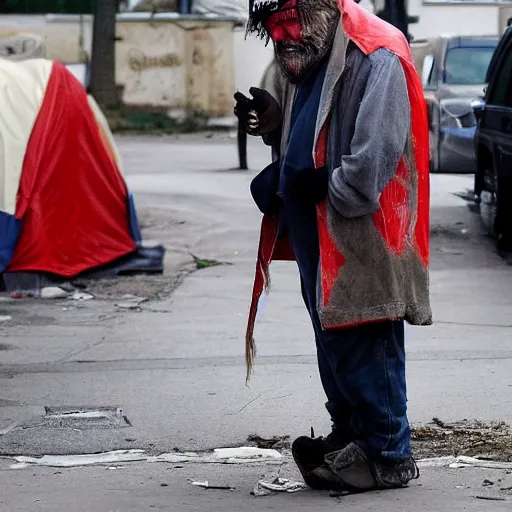 Image similar to donald trump dressed as a homeless man living in the slums