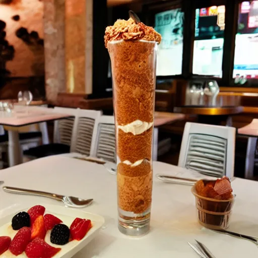 Image similar to 6 ft tall parfait in restaurant, surrounded by customers, flash photography