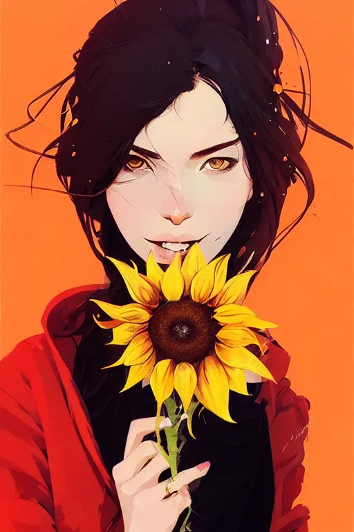 Image similar to a ultradetailed beautiful panting of a stylish woman holding a sunflower, by conrad roset, greg rutkowski and makoto shinkai, trending on artstation