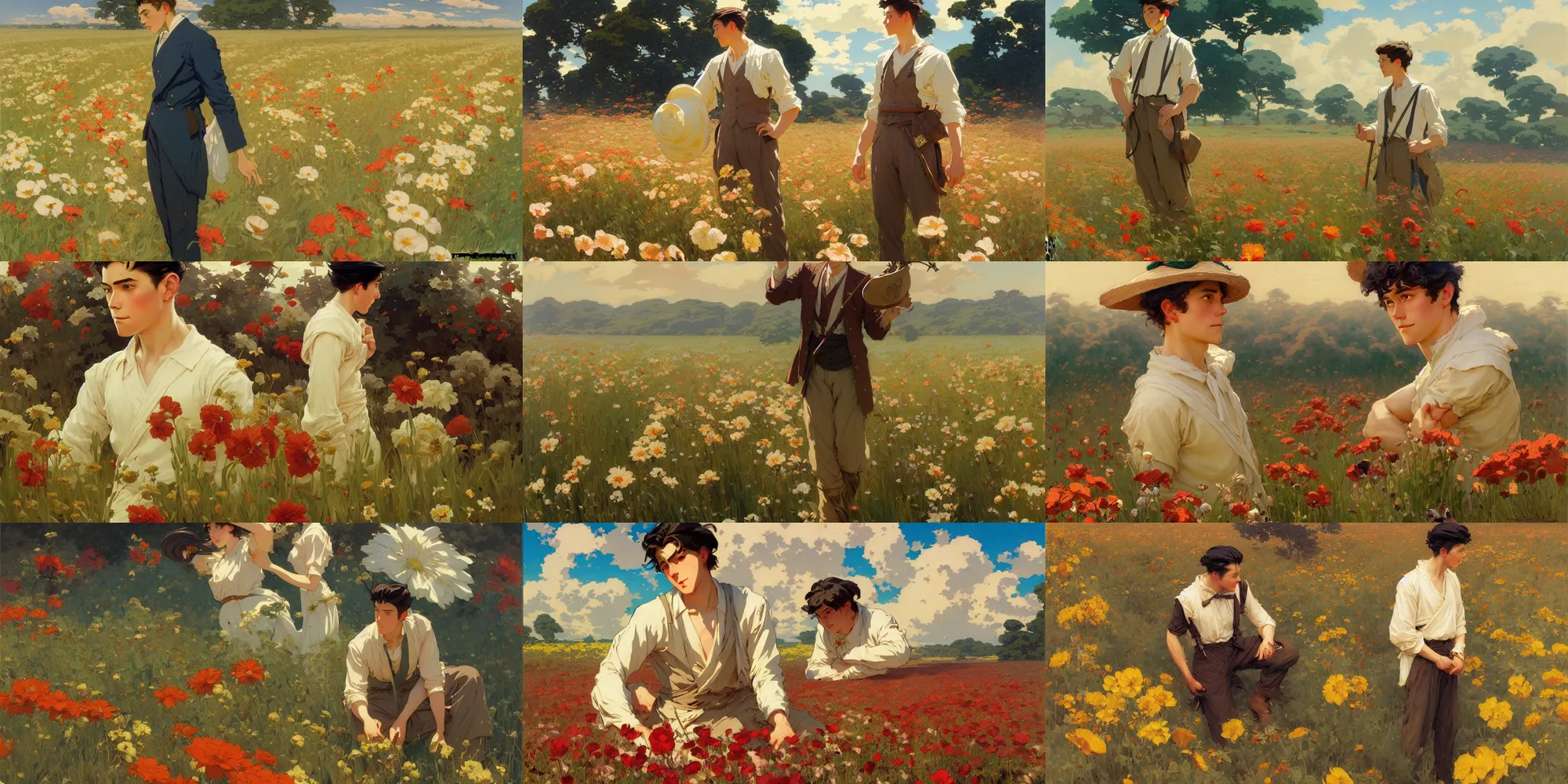 Prompt: flower field, attractive male, in the style of studio ghibli, j. c. leyendecker, greg rutkowski, gaston bussiere
