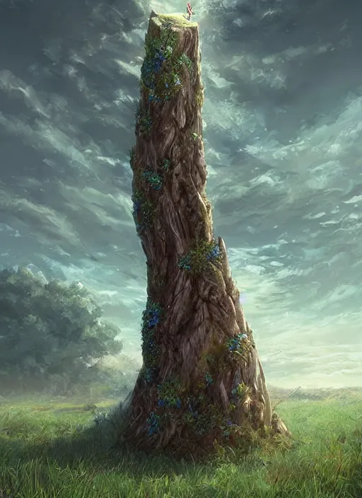 Prompt: an ancient cylindrical multitiered tower petrified tree rising from a rolling grassland, fantasy digital painting, stunning intricate details, artwork by ross tran, artgerm