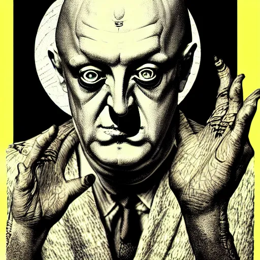 Image similar to graphic illustration, creative design, aleister crowley as baphomet, biopunk, francis bacon, highly detailed, hunter s thompson, mixed media