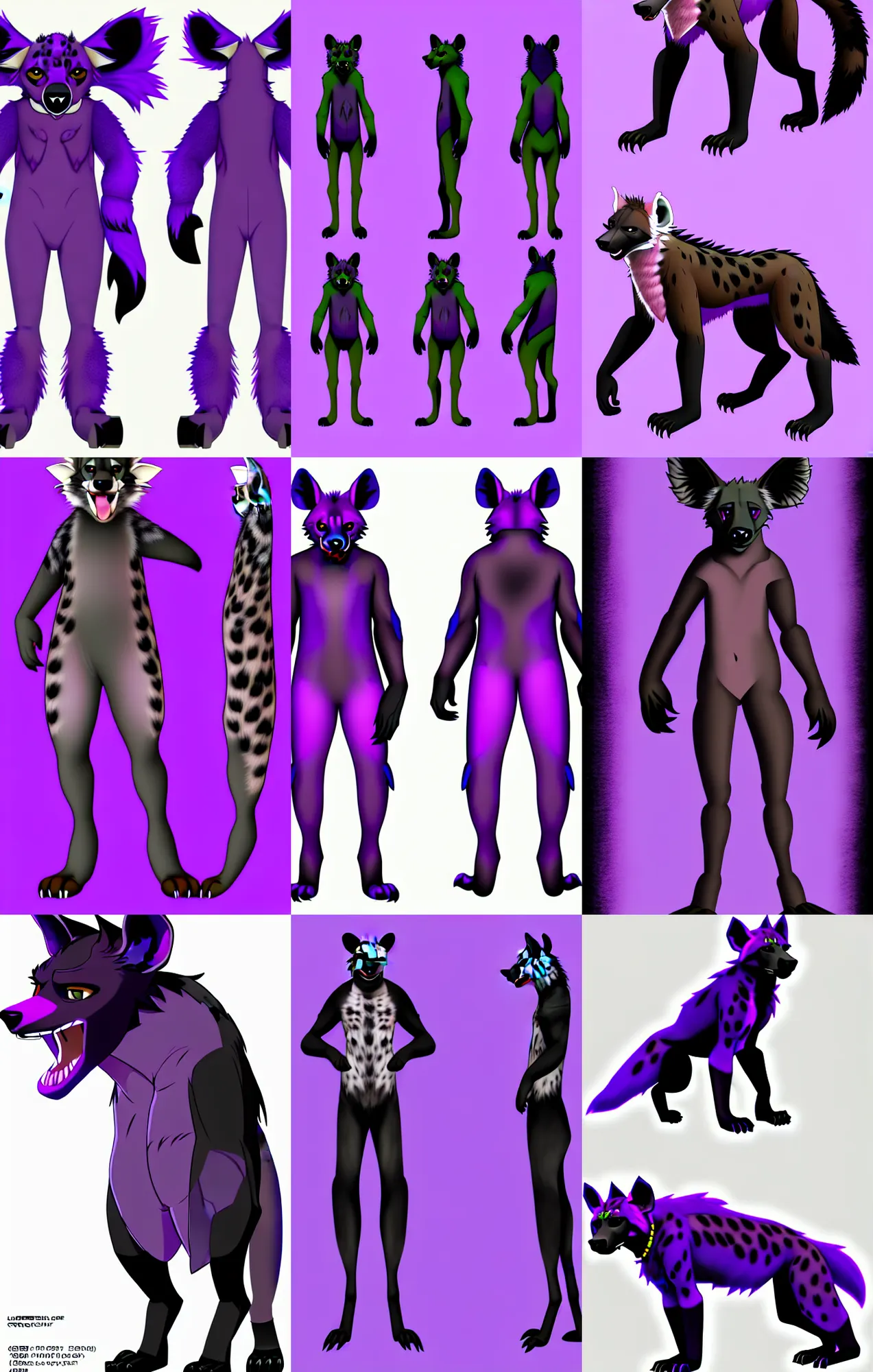 Image similar to a full - body centered front - perspective furry reference sheet, a male hyena fursona, purple and black color scheme, trending on weasyl, high - resolution, photorealistic