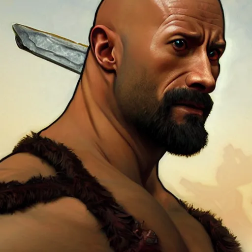 Image similar to Dwayne Johnson as Kratos, highly detailed, digital painting, artstation, concept art, smooth, sharp focus, illustration, ArtStation, art by artgerm and greg rutkowski and alphonse mucha and J. C. Leyendecker and Edmund Blair Leighton and Katsuhiro Otomo and Geof Darrow and Phil hale and Ashley wood and Ilya repin and Charlie Bowater