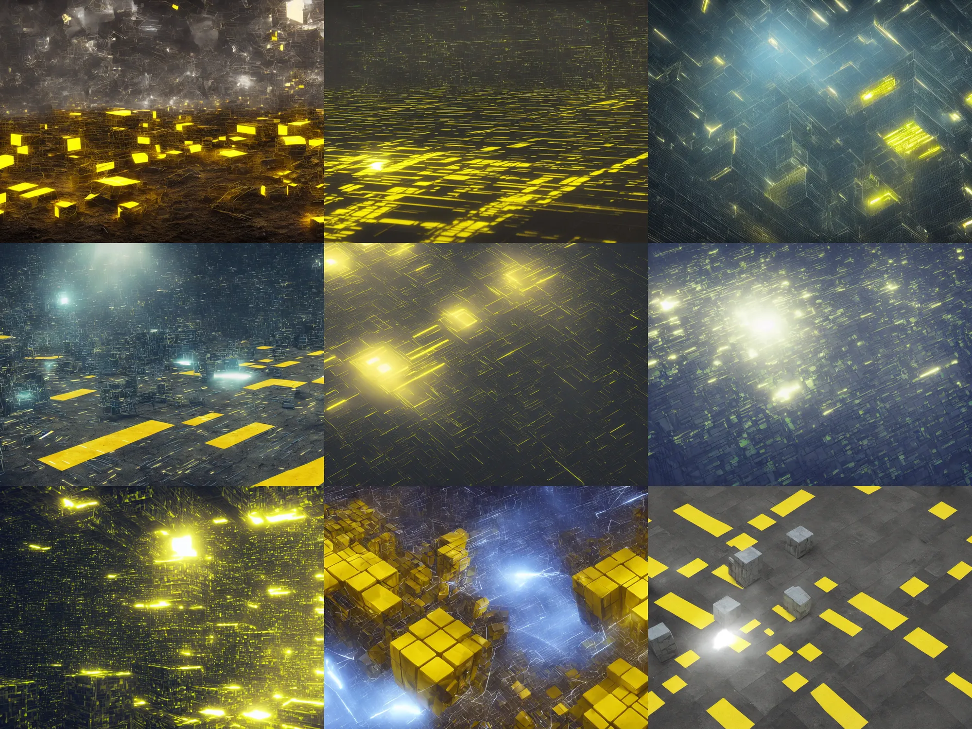 Prompt: epic shot of Borg Cubes with yellow stripes, by annie leibovitz, anamorphic lens flares, glow, octane render