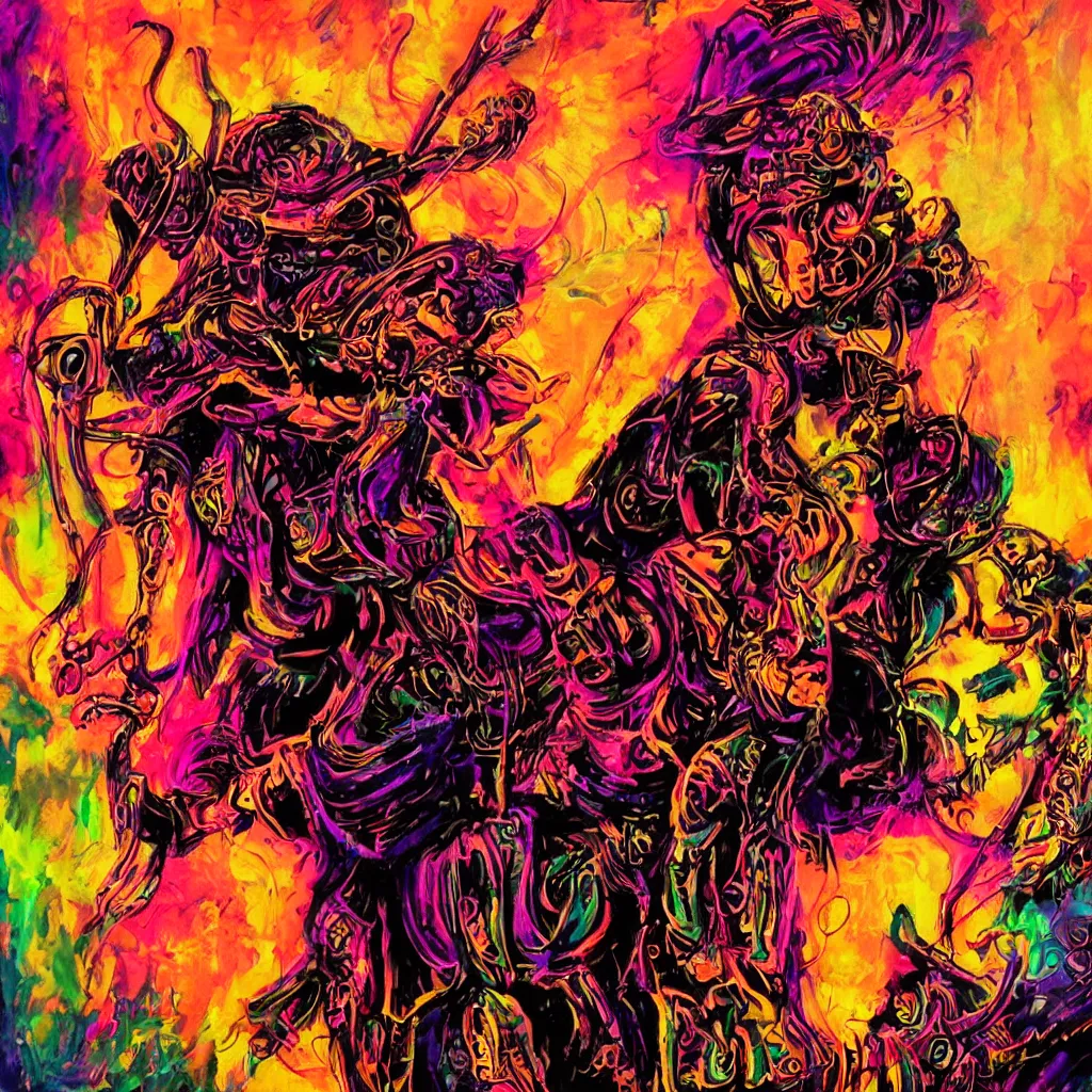 Image similar to psychedelic cyberpunk demon painting, rocking out, headphones DJ Rave