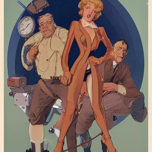 Image similar to time traveler team. portrait by mœbius and gil elvgren. character design. realistic proportions. dystopian. concept art. cel shading. attractive face. thick lines. hi def 4 k. the team. detailed characters.