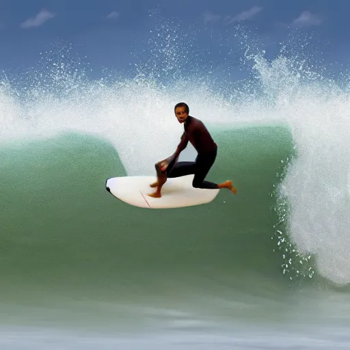 Image similar to barack obama surfing in rough surf with drink in hand, realistic, high detail, volumetric lighting