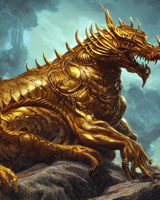 Image similar to A golden dragon tiger resting, highly detailed face, close-up, fantasy art, monster art, in the style of greg rutkowski, illustration, epic, fantasy, intricate, hyper detailed, artstation, concept art, smooth, sharp focus, ray tracing