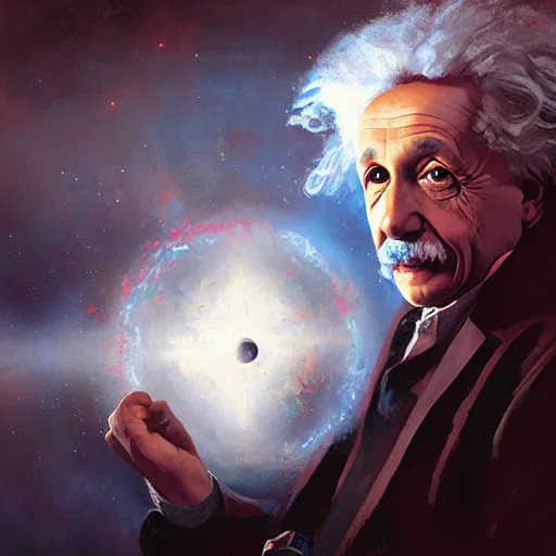 Prompt: Portrait painting of Einstein traveling with a time machine by his hands by greg rutkowski and Craig Mullins