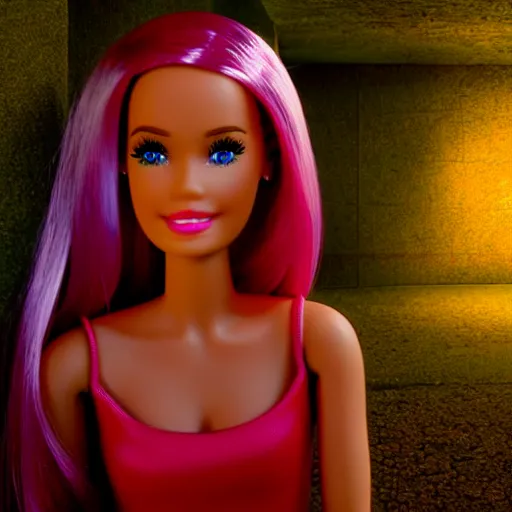 Prompt: a barbie girl in a barbie world, life in plastic, its fantastic, 4 k, hyperrealistic, painterly, unreal engine, eerie lighting, creepy shadows, night time