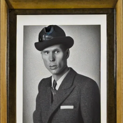 Image similar to A photograph portrait of Jerma985 wearing a suit with and fedora in the 1940s, taken in the early 1940s, grainy, taken on a 940s Kodak Camera, realistic, hyperrealistic, very realistic, highly detailed, very detailed, extremely detailed, detailed, digital art, trending on artstation