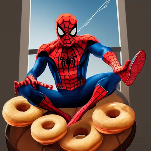 Image similar to spider - man sit on the raccoon and eating donuts, concept art, trending on artstation, highly detailed, intricate, sharp focus, digital art, 8 k