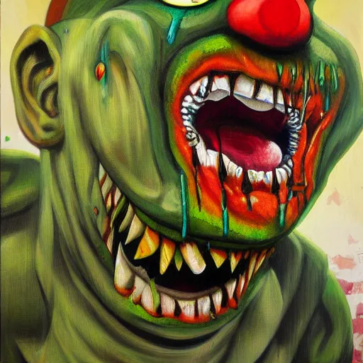 Image similar to zombie clown breaking through 4 th wall jungle painting, oil and acrylic on canvas, high detail