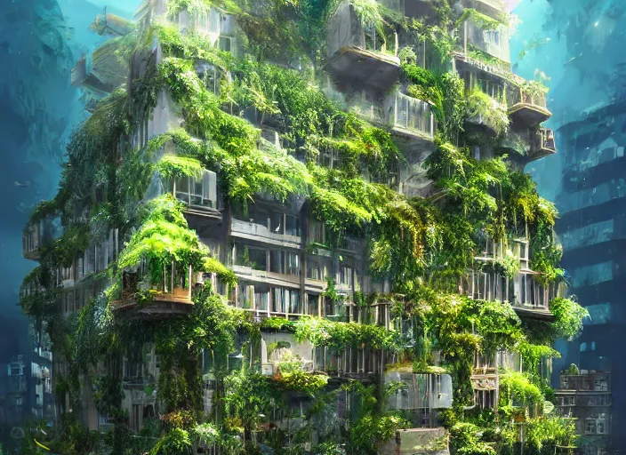 Prompt: overgrown foliage overtaking tall buildings, underwater environment, storefronts, sand, scenery, professional, award - winning, trending on artstation, hyper detailed, realistic, beautiful, emotional, shiny, golden, picture