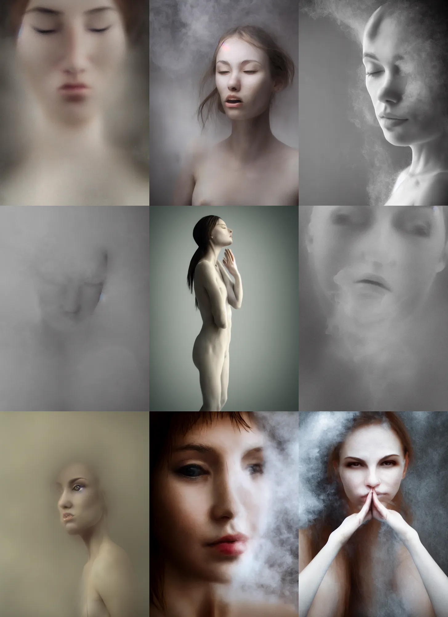 Prompt: out of focus white smoke, out of focus photorealistic half - body of a woman by gueorgui pinkhassov, very blurry, translucent white skin, closed eyes