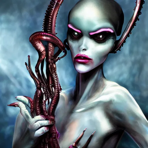 Prompt: alien, xenomorph, creature design, high femme fashion, painted nails, makeup, glamor shot, 4 k,