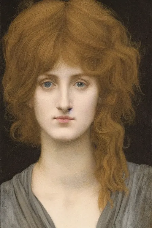 Prompt: Pre-Raphaelite portrait of a young beautiful woman with blond short-hair and grey eyes who works as an architect