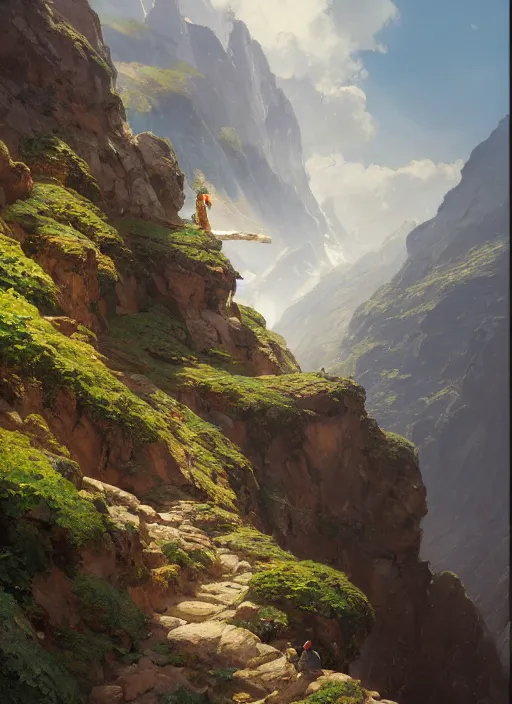 Prompt: a narrow mountain pass with sheer cliffs and ancient relics, extremely detailed oil painting, unreal 5 render, rhads, sargent and leyendecker, savrasov levitan polenov, bruce pennington, studio ghibli, tim hildebrandt, digital art, landscape painting, octane render, beautiful composition, trending on artstation, award winning photograph, masterpiece