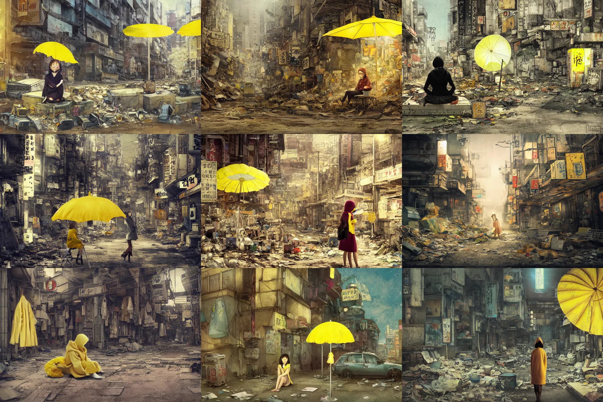 Prompt: tatsuyuki tanaka artwork, soft bloom lighting, abandoned city, paper texture, movie scene, distant shot of hoody girl sitting under a yellow parasol in deserted dusty shinjuku junk town, old pawn shop, bright ground, lurking robot monster in background