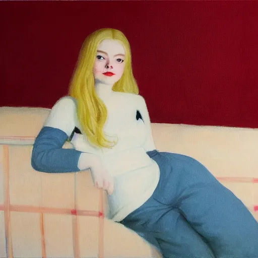 Image similar to Painting of Elle Fanning surrounded by red snow, 60s ad, long blonde hair, delicate, pale milky white porcelain skin, by Edward Hopper. 8K. Extremely detailed.