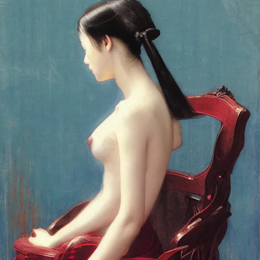 Prompt: painting by frederic edwin church, balaskas christoper, conrad roset, coby whitmore, and chie yoshii. of a beautiful japanese girl sitting on antique chair leaning against a desk, sideview, victorian room