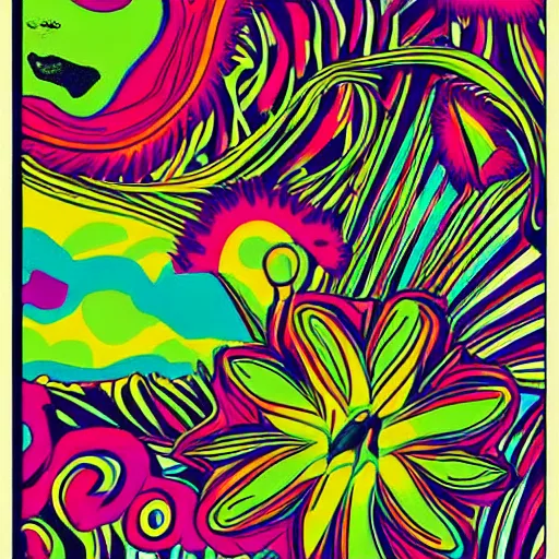 Prompt: psychedelic, vintage, flower child, 7 0 s, graphic design poster, bold, organic