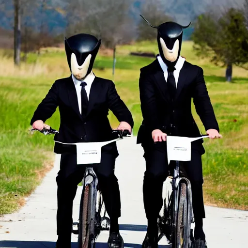 Prompt: two mormon missionaries, on bikes, with crow heads, black suits white shirts, crow heads, heads look like crows