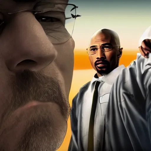 Image similar to Walter White holding Tupac by the throat, realistic, 8k resolution, hyperdetailed, highly detailed, real life, studio lighting, high quality, action shot,