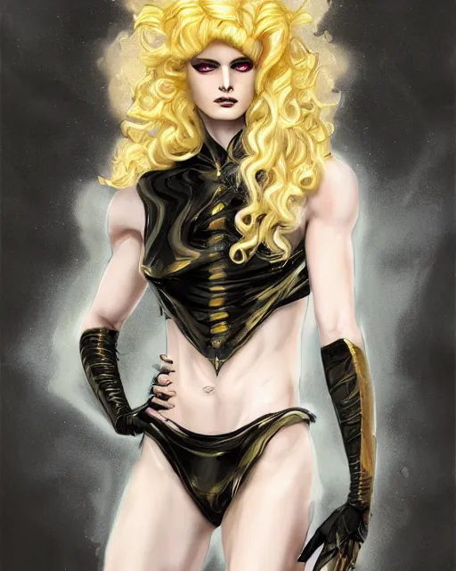 Image similar to Lucius as an androgynous albino prince in a black gilded obsidian bodysuit, long fluffy golden blonde curly hair, digital painting, muscular young man, sci-fi setting, symmetrical features, Daniel Gerhartz, high detail intricate, artstation, WLOP, Artgerm, J. Scott Campbell; Olivia De Berardinis, Daniel Gerhartz, jack kirby, mysterious vibes