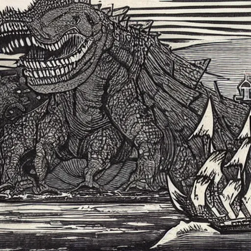 Image similar to 19th century woodcut, godzilla attacking tokyo