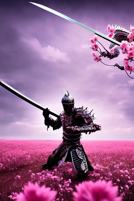 Prompt: illustration cinematic cyborg dragon yielding katana in a field of pale pink flowers, highly detailed smooth digital art masterpiece, vitaly bulgarov dramatic light, ground angle uhd 8 k, sharp focus