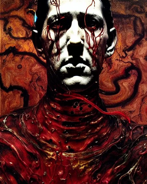 Prompt: h.p. lovecraft, cinematic, dystopian, eerie, horror, gothic, draped in gold, black and red, highly detailed painting by !!!Jenny Saville!!!, Esao Andrews, (((Francis Bacon))), Edward Hopper, surrealism, art by Takato Yamamoto and James Jean