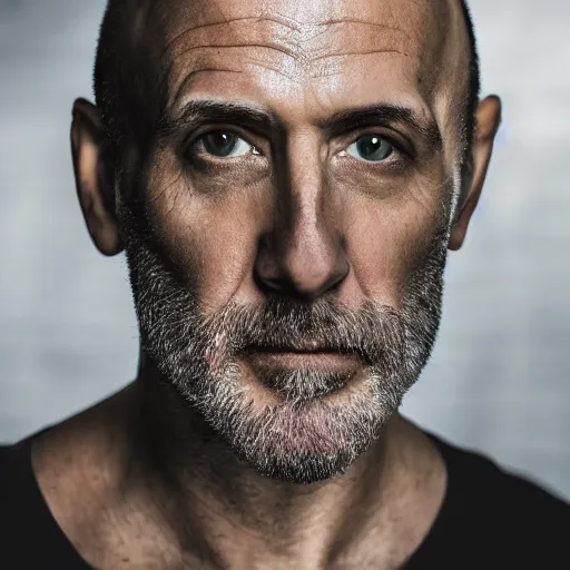 Prompt: bald man with green eyes, a round face, a greek nose, a full scraggly beard wearing a black shirt studio photo, high resolution, detailed, nice lighting