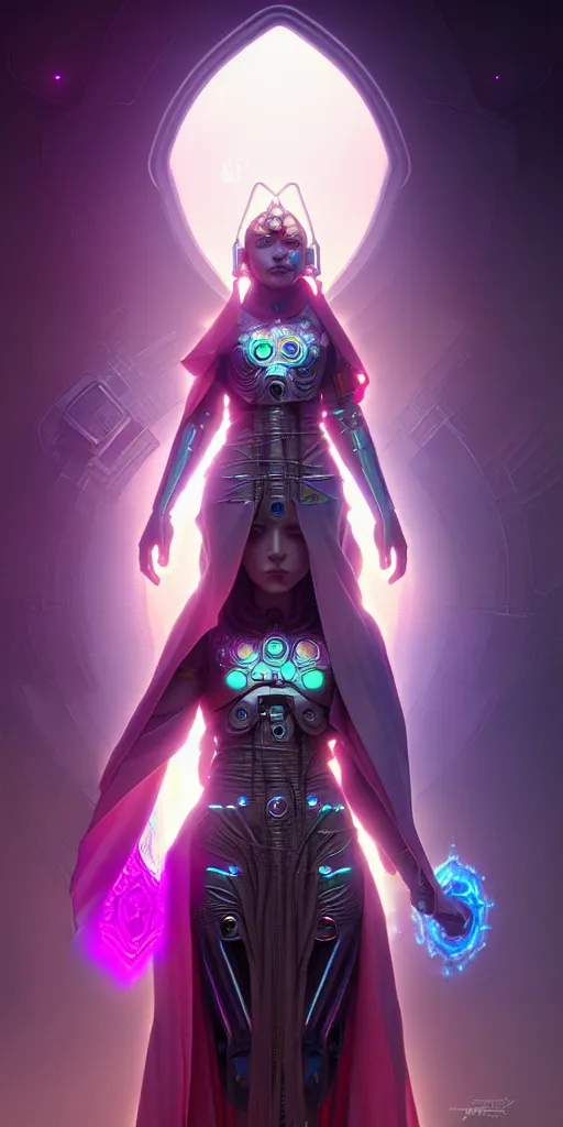 Image similar to ultra detailed female android deity, wearing a cloak, ethereal flowerpunk, scifi, fantasy, cyberpunk octane render, unreal engine, asymmetrical!!! intricate concept art, triadic color, art by artgerm and greg rutkowski and alphonse mucha, 8 k