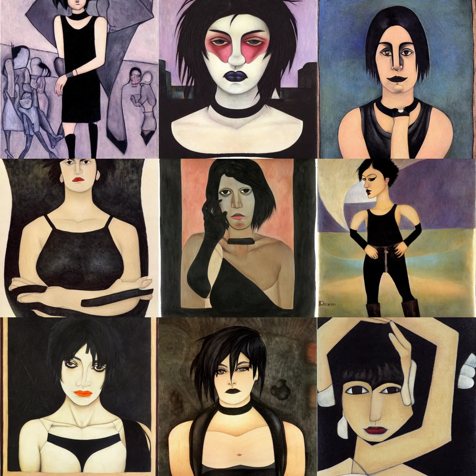 Prompt: an emo by diego rivera. her hair is dark brown and cut into a short, messy pixie cut. she has large entirely - black eyes. she is wearing a black tank top, a black leather jacket, a black knee - length skirt, a black choker, and black leather boots.