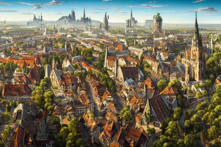 Image similar to an ultra detailed matte landscape painting of an german renaissance capital city built on top of a large hill with many tall spirally towers, sweeping vista, german renaissance architecture, ultrawide lens, aerial photography, 8 k, volumetric lighting, smooth, highly detailed, digital illustration, art by greg rutkowski and akira toriyama and artgerm