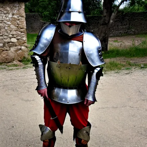 Prompt: medieval village idiot wearing full armor and war gear, no helmets