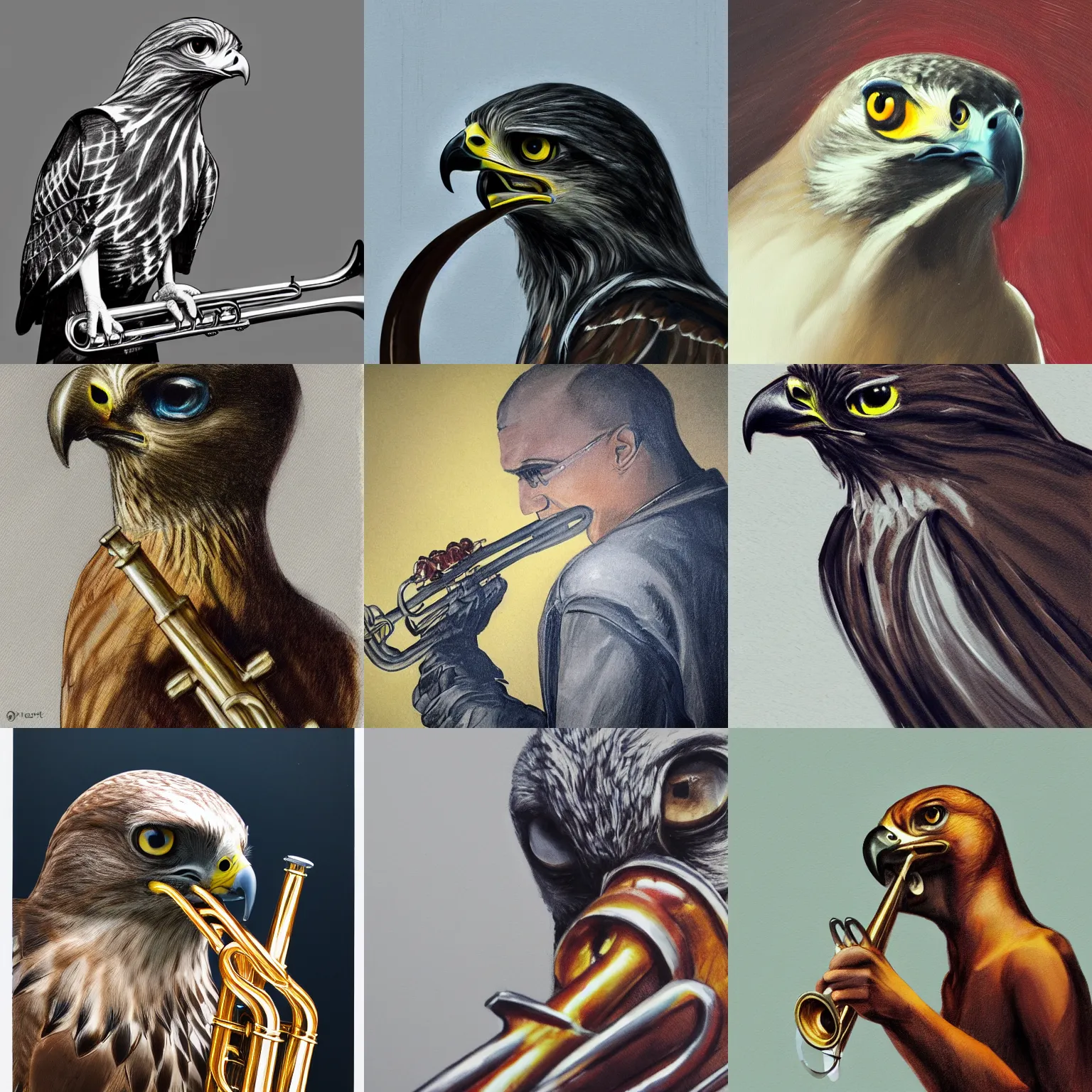 Prompt: concept art portrait of an hawk holding a trumpet, close up