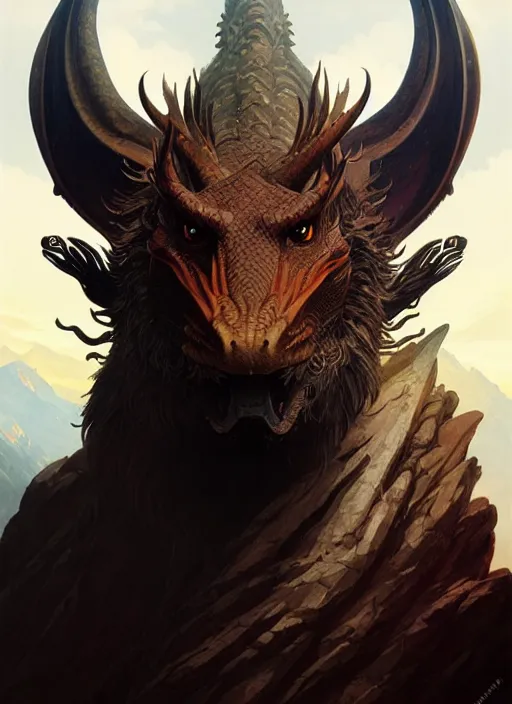 Prompt: ''face portrait of beatiful dragon, furry, mountain landscape, fantasy, d & d, sharp focus, detailed, digital painting, art by greg rutkowski and alphonse mucha''