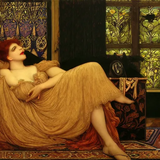 Image similar to preraphaelite photography reclining on bed, a hybrid of judy garland and a hybrid of lady gaga and anne hathaway, aged 2 5, big brown fringe, wide shot, yellow ochre ornate medieval dress, john william waterhouse, kilian eng, rosetti, john everett millais, william holman hunt, william morris, 4 k